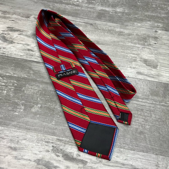 Jos A Bank Red w/ Blue, Orange & Green Stripe Silk Tie - Picture 2 of 4